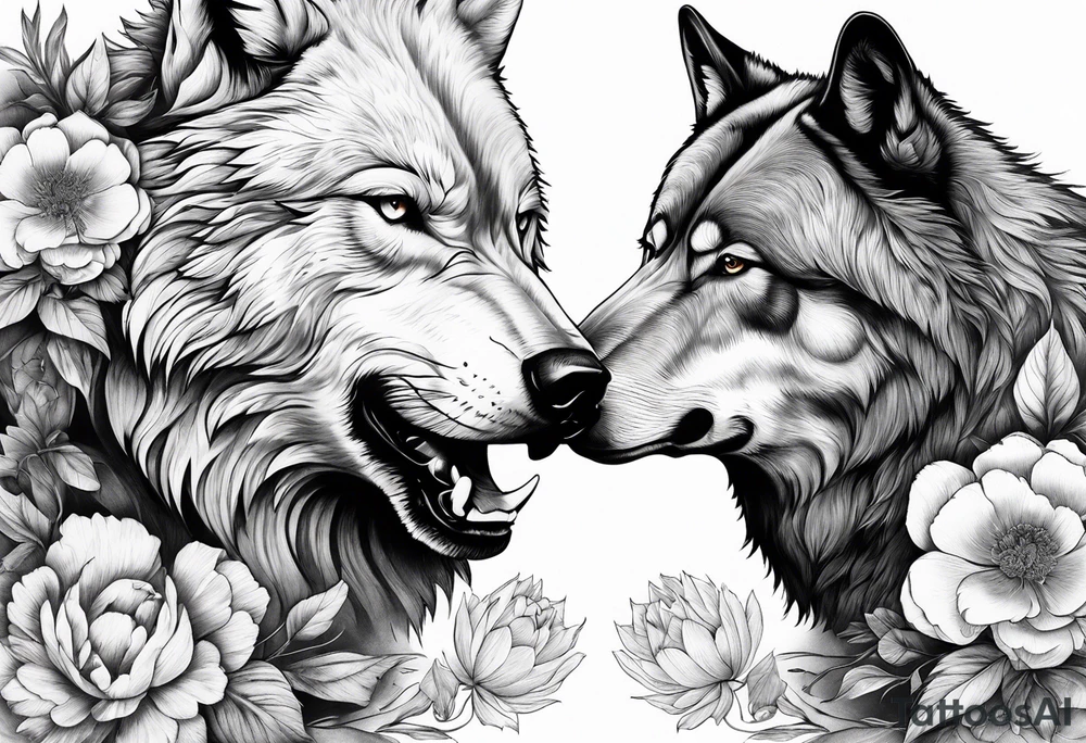 Wolf fighting with bear with peonies and smoke tattoo idea Wolf fighting with bear with peonies and smoke tattoo idea