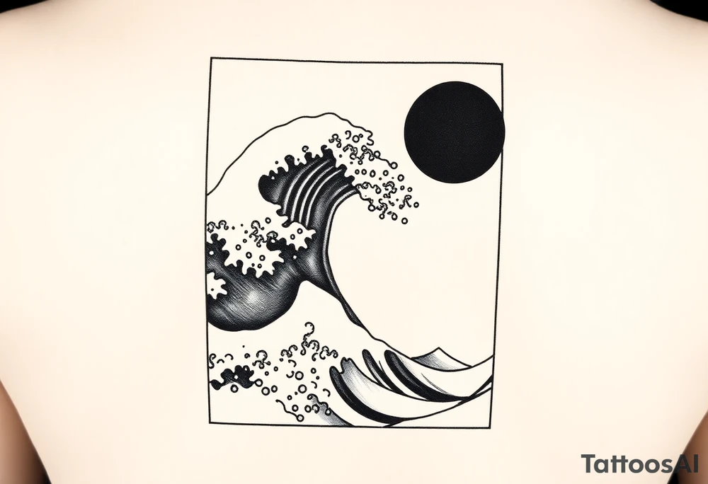 Black and white tattoo design in a vertical rectangular frame, sized to fit the upper arm. Inside the border, feature a dramatic Hokusai-style wave as the central focus, with intricate detailing and texture. Include expressive water droplets around the crest and spray of the wave, similar to traditional Japanese woodblock prints. In the top right or left corner, place a solid black or partially shaded sun for contrast. Use black ink thoughtfully—avoid overly large solid black areas; instead, emphasize fine linework and layered shading to give the piece depth without overwhelming the composition. The overall aesthetic should be bold yet elegant, with a clean, framed silhouette suitable for a modern tattoo. tattoo idea