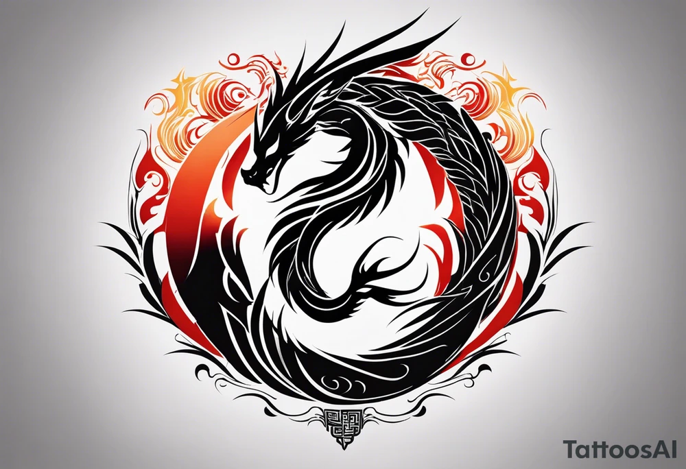 For a Gen Z-inspired dragon and phoenix tattoo, think of a clean, minimalist design that combines symbolism with bold, sleek lines. Imagine a dragon and phoenix spiraling together in a yin-yang-inspired layout. The dragon has a slightly abstract, modern shape, with sharp, flowing lines to show power, resilience, and wisdom, while the phoenix is rendered with sweeping curves and minimal detailing, symbolizing rebirth, growth, and transformation.

Both creatures should interact harmoniously, representing balance and duality. To keep it meaningful, focus on line work rather than intricate shading—clear, open spaces allow the tattoo to feel light and energetic. Adding small symbols, like stars or a faint galaxy backdrop, can enhance the "rising from ashes" and "strength through challenge" themes. This design will appeal timelessly while resonating with Gen Z’s love for symbolism and simplicity. tattoo idea