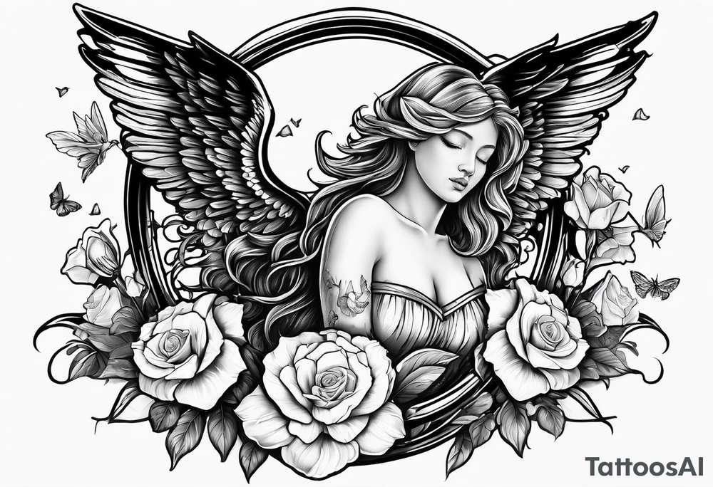 crying broken angel on swing add rose, lily daffodil, daisy, carnation narcissus around add hummingbird tattoo idea