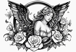 crying broken angel on swing add rose, lily daffodil, daisy, carnation narcissus around add hummingbird tattoo idea