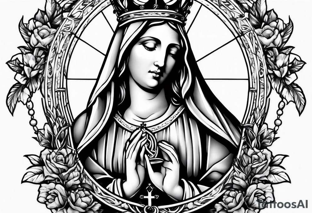 virgin mary with a rosary and crown of thorns tattoo idea
