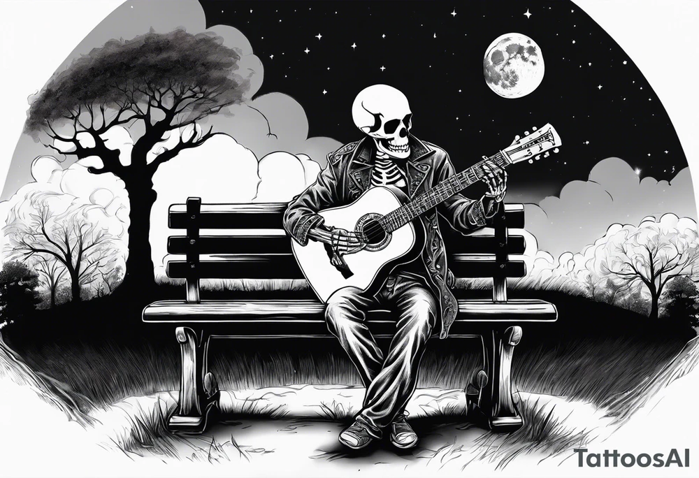 peaceful skeleton sitting on a park bench playing acoustic guitar on a cloudy night with a large full moon tattoo idea