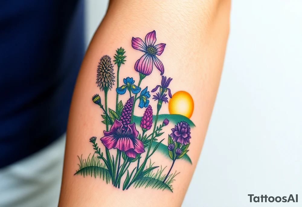 a bunch of cutleaf coneflower, blue flag iris, bee balm, obedient plant, purple coneflower on a hill with grass with a beautiful sunset tattoo idea