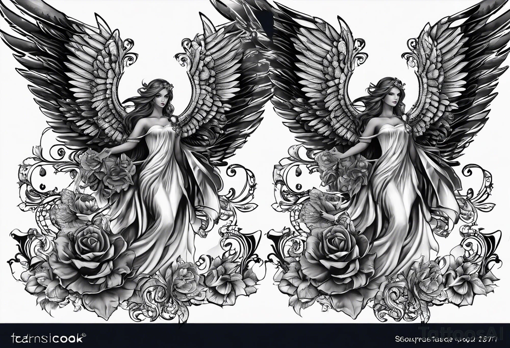 Tattooed Angel with The name « Leah » is written in gothic letters. tattoo idea