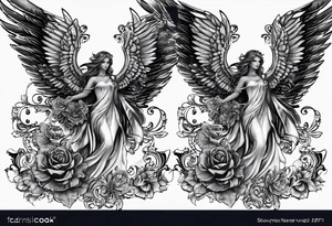 Tattooed Angel with The name « Leah » is written in gothic letters. tattoo idea