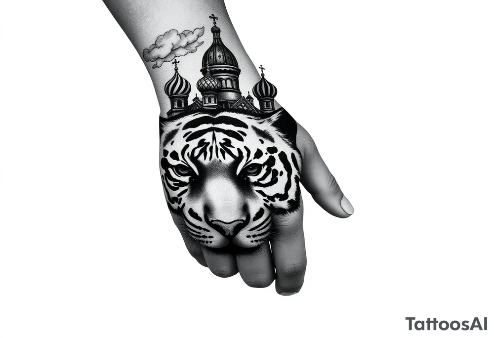 Realistic tiger face on the back of the hand with strong contrast and fine detail with all black eyes. then a highly detailed Russian Orthodox cathedral sitting above on the top fore arm with onion domes and orthodox crosses, done in fine line, engraving-like style. Cohesive composition, black ink only, no color, high contrast, slightly aged, documentary-style, plain light background. with clouds above and a virgin mary tattoo idea