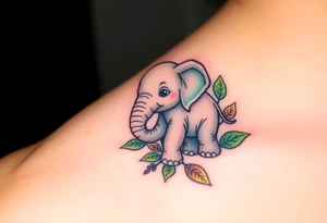 A baby elephant holding its elephant mother trunk, surrounded by soft green leaves and warm earth tones, symbolizing guidance and protection tattoo idea