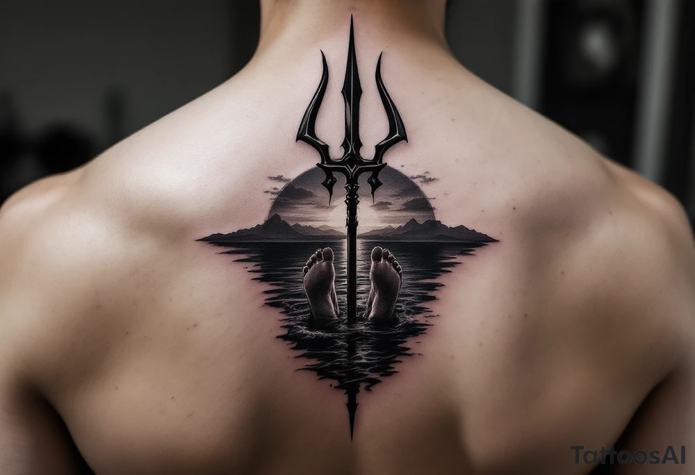 barefeet behind trident with water and sunset tattoo idea