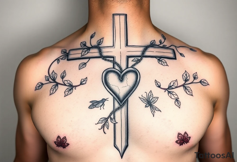 powerful majestic cross on the front of the body  just above the nipples and center to the chest with vines closely wrapped around the cross representing life and a heart within the cross being held like a chain from the cross and other symbols of life like insects and birds butterflies tattoo idea