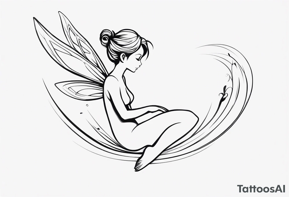 Minimalistic, monochromatic fairy with a tail flying to the left in a fetal position, leaning and looking in the same direction, with visible hands, embodying the 'Fairy Tail' logo aesthetic. tattoo idea