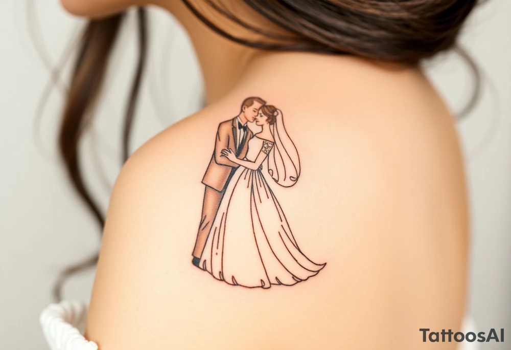 A softly shaded vintage-style illustration of a bride and groom, with sepia tones for an old-world charm tattoo idea