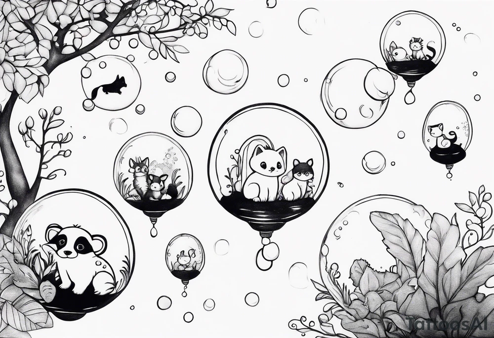 cute animals floating up in bubbles tattoo idea