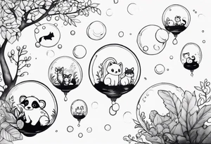 cute animals floating up in bubbles tattoo idea