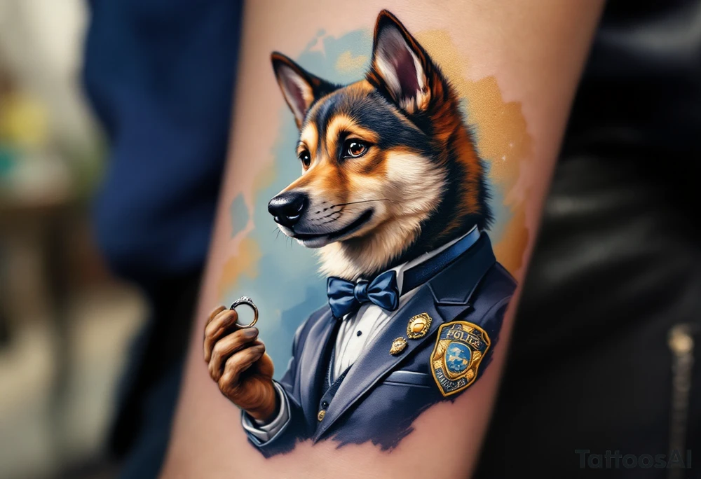 Chase in a suit with a bow tie, holding a wedding ring in his paw, surrounded by a soft blue and gold gradient background. His police badge is detailed with sparkling silver accents, symbolizing protection and loyalty. tattoo idea