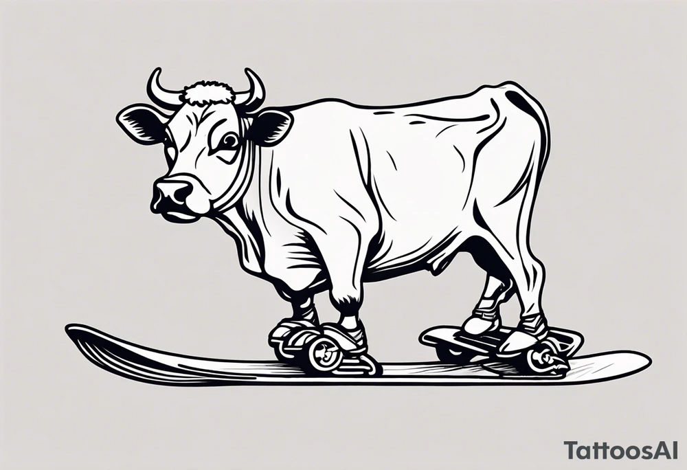 Generate a minimalist and simple black and white tattoo design featuring a joyful cow snowboarding, wearing goggles. Focus on essential lines and details to convey the playful spirit of the scene. The cow should exude confidence while effortlessly snowboarding down a snowy slope. Keep the design clean and uncluttered, suitable for a small to medium-sized tattoo space. Emphasize the charm and whimsy with the addition of goggles, ensuring the overall aesthetic remains simple and minimalistic. The goal is to create a visually appealing and easily recognizable tattoo that captures the essence of a cow enjoying a snowboarding adventure tattoo idea