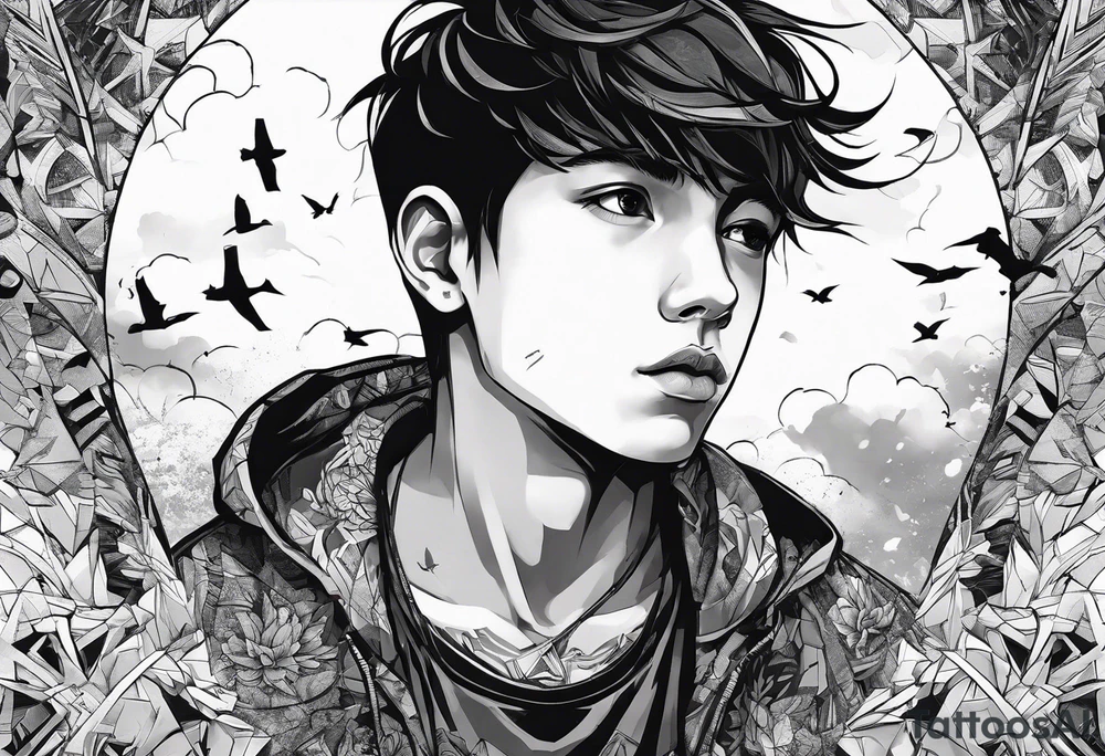 boy looking up into the sky, the boy is made of broken pieces tattoo idea