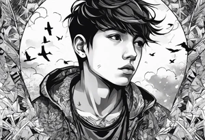 boy looking up into the sky, the boy is made of broken pieces tattoo idea