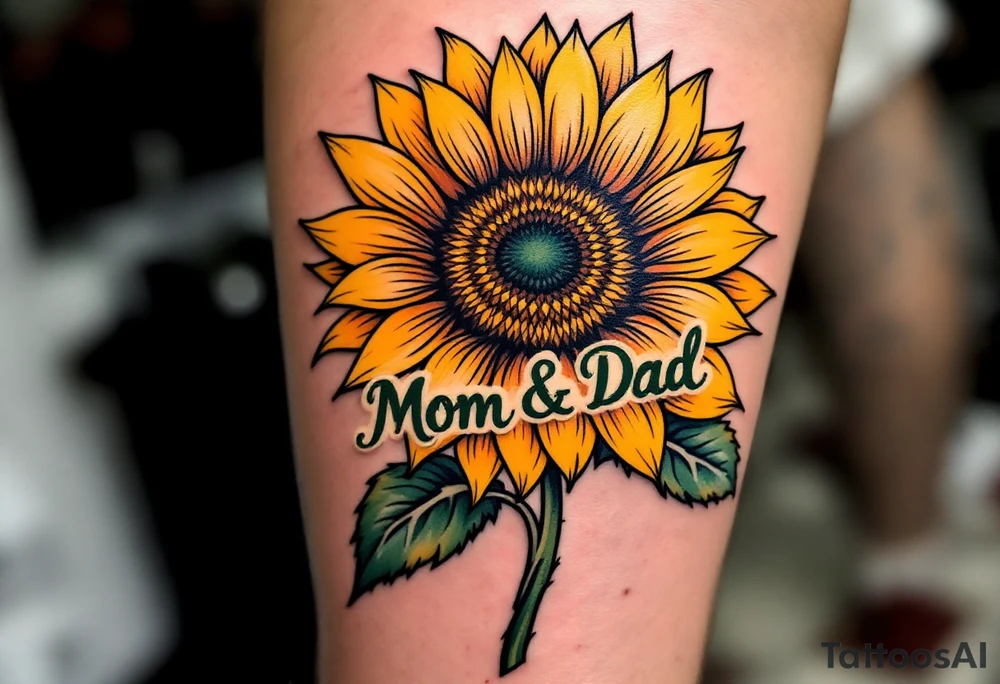A bright sunflower in yellow and orange with “Mom & Dad” written along the stem in flowing green script. tattoo idea