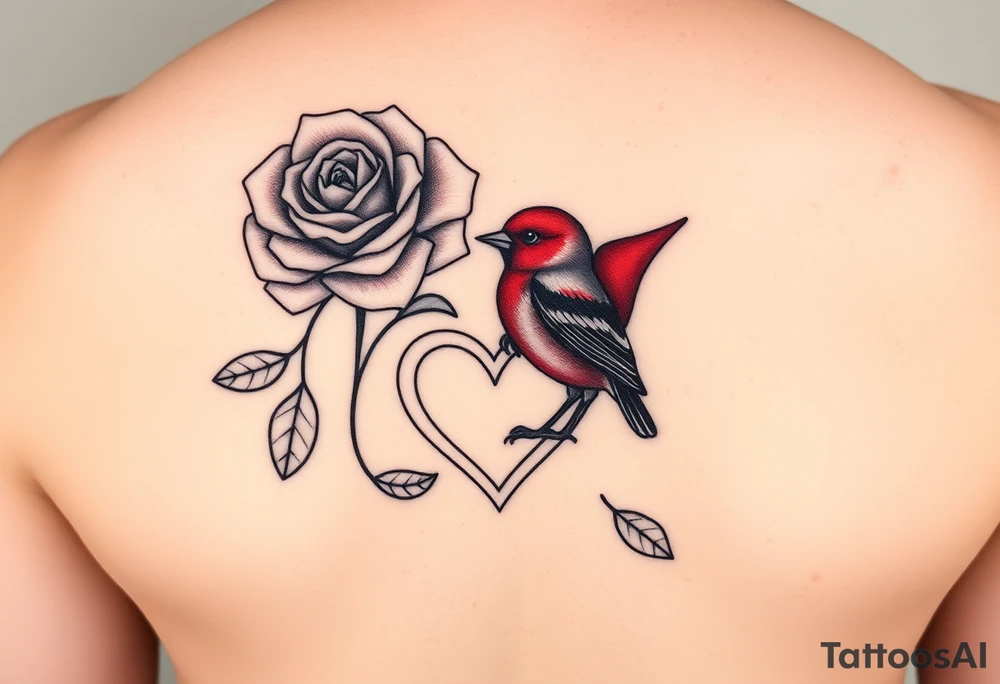 Small Feminine red rose and red robin with a infinity heart on hip tattoo idea