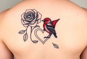 Small Feminine red rose and red robin with a infinity heart on hip tattoo idea