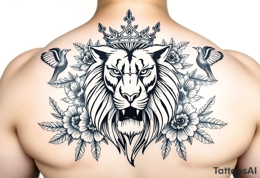powerful majestic lion with a crown, surrounded by floral ornaments and birds tattoo idea