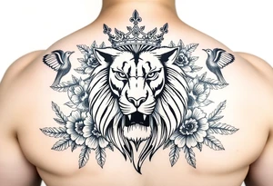 powerful majestic lion with a crown, surrounded by floral ornaments and birds tattoo idea