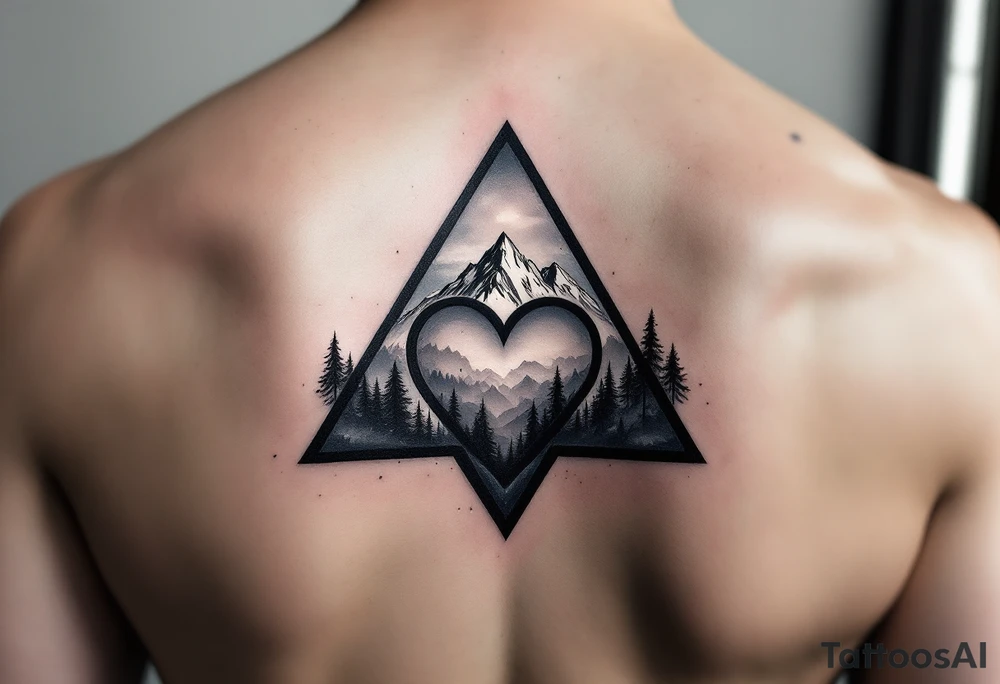 A triangle with a big heart in the cente with a mountain theme tattoo idea