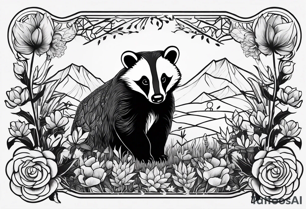 A badger with a cub in a field of flowers, including an open fireplace and a cannabis leaf realistic in center and getting more trippy and black towards the edges tattoo idea
