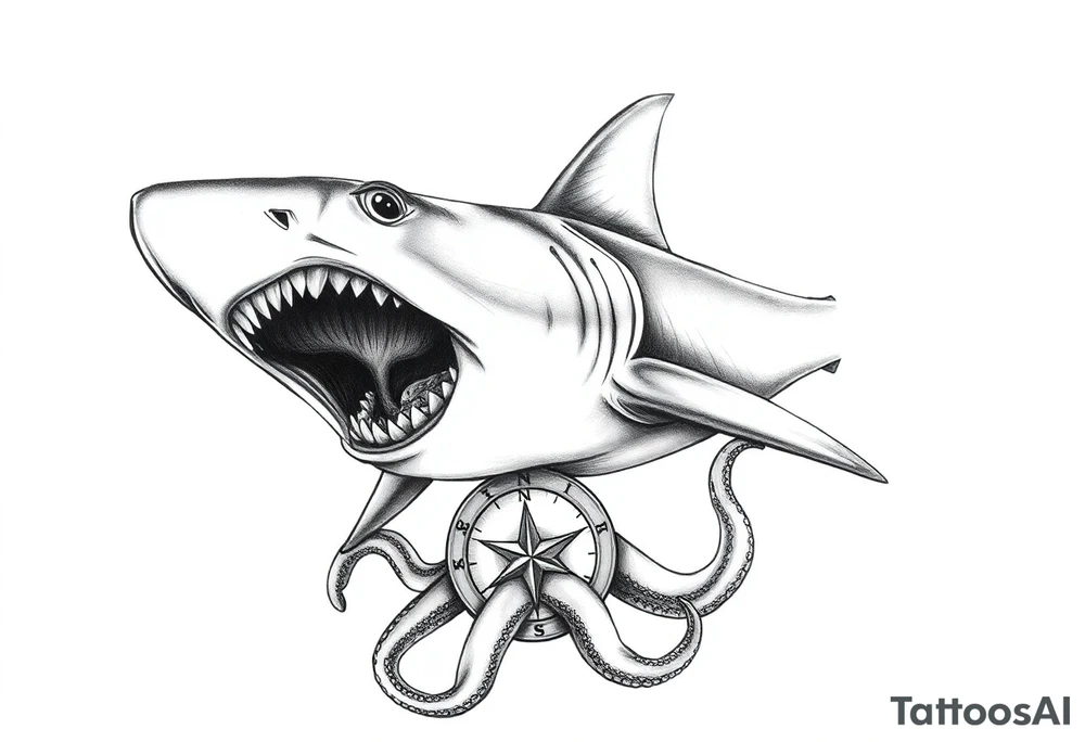 hammerhead- shark with open mouth,under it a compass,octopus. tattoo idea