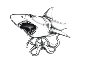 hammerhead- shark with open mouth,under it a compass,octopus. tattoo idea