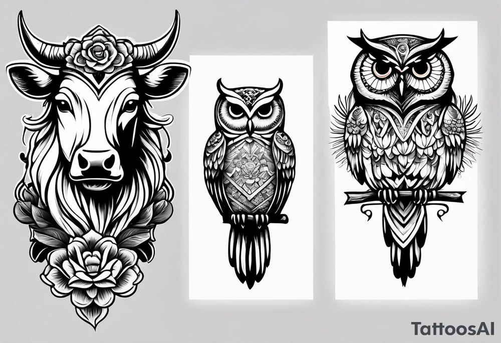 a cow and an owl standing next to each other tattoo idea