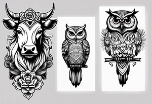 a cow and an owl standing next to each other tattoo idea