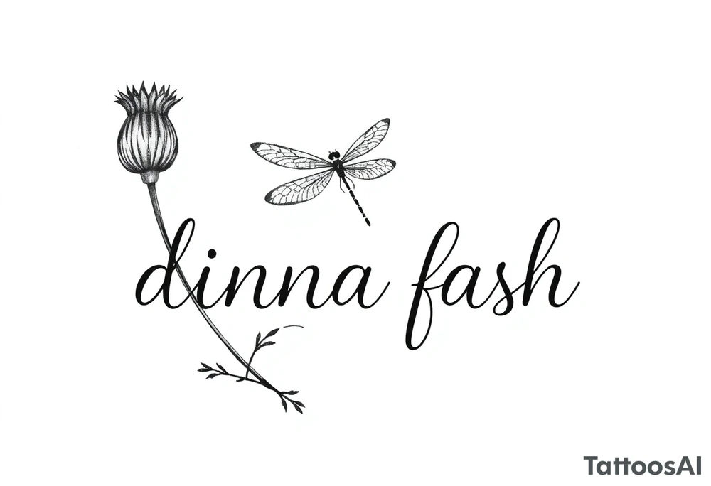 minimaliste simple thistle with dragonfly text : dinna fash tattoo idea
