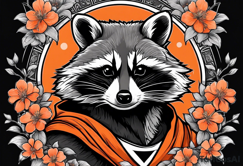 Raccoon wearing a white Superman logo on a black hoodie and orange Japanese cherry blossoms beside tattoo idea