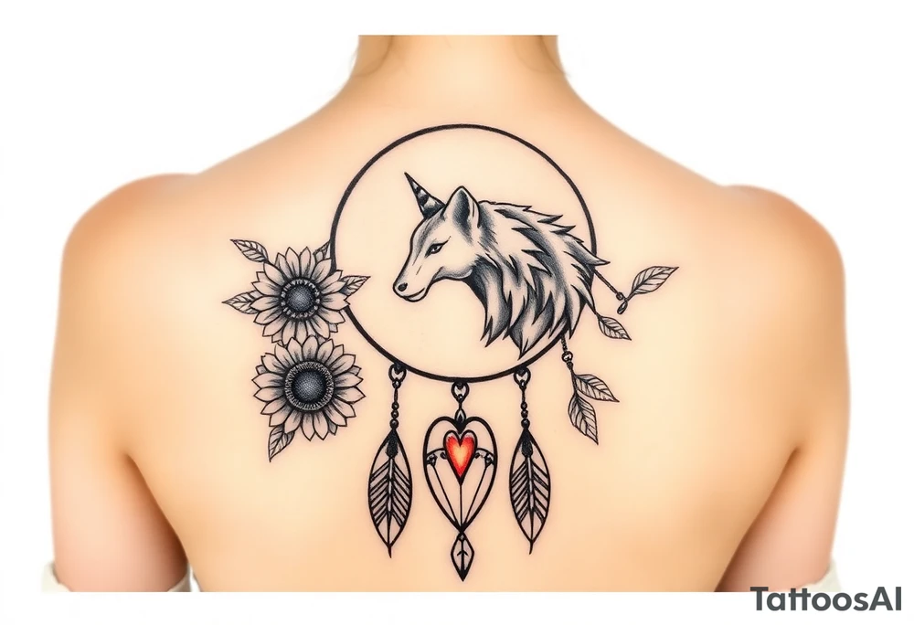 A Cresent moon dream catcher with sunflower, wolf, Harry potter, star wars, unicorn, fire heart all in one tattoo idea