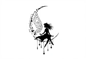 Silhouette of a Fairy sitting on moon with dangles. tattoo idea