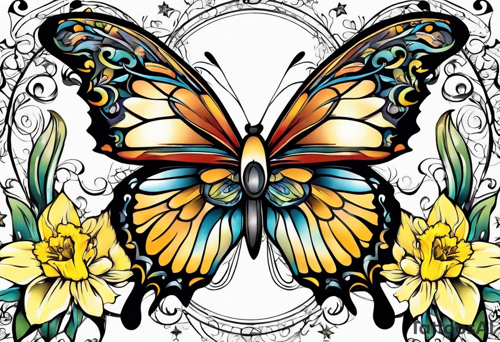 Butterfly, star and daffodils tattoo idea