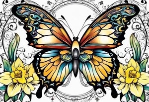 Butterfly, star and daffodils tattoo idea
