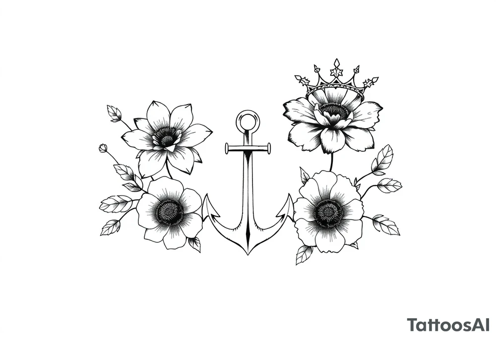 detailed beautiful gothic boho flowers with gorgeous crown and anchor tattoo idea