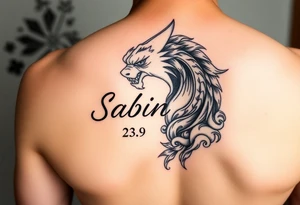 Tattoo with name Sabina and date 23.09 japanese style tattoo idea