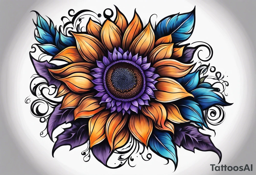 Full leg sleeve with purple, orange and blue sunflowers tattoo idea