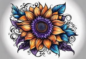 Full leg sleeve with purple, orange and blue sunflowers tattoo idea