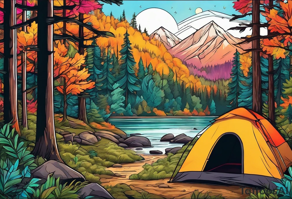 Camping in a colorful forest, adventure, large piece, nature, wildlife, wanderlust tattoo idea