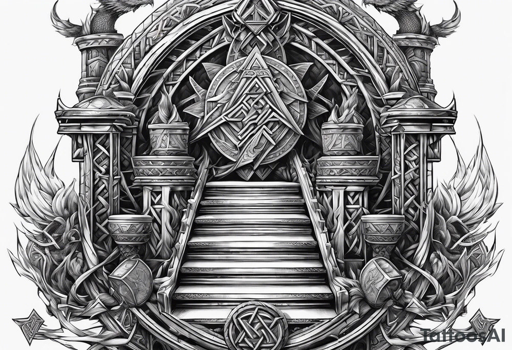 Valhalla sword shield dragon axe stairs Valknut barbed wire chains valknut fire tattoo idea