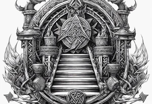 Valhalla sword shield dragon axe stairs Valknut barbed wire chains valknut fire tattoo idea