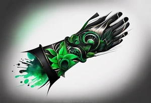 abstract, green and black, covered from wrist to forearm, fully covered, no borders, blackwork, no people tattoo idea