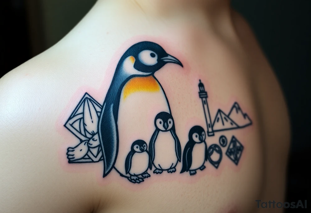 compilation outlining important things in my life such as one adult emperor penguin and 3 baby penguins, celtic trinity knot, lighthouse, mountains/nature, the green bay packers, and something to represent my 3 boys tattoo idea
