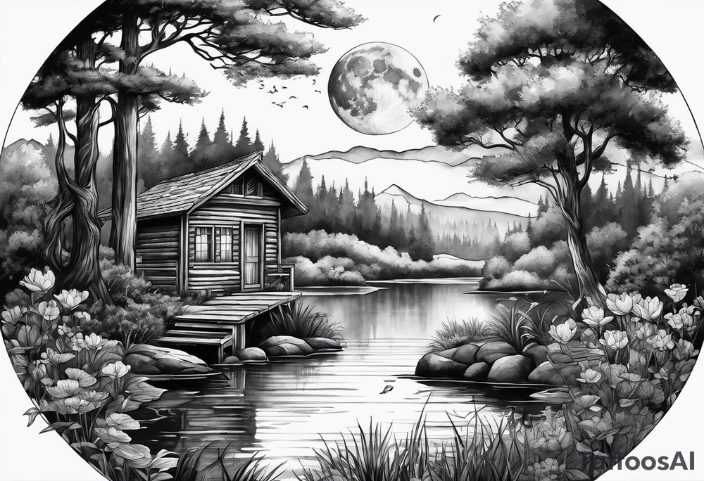 Hidden, secret garden, lake, day moon, beauty, cabin, pond tattoo idea