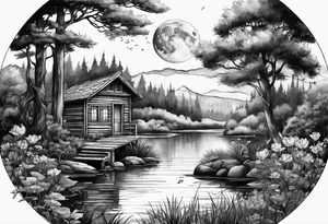 Hidden, secret garden, lake, day moon, beauty, cabin, pond tattoo idea